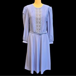 VINTAGE 80s JCPenney soft lavender lilac lace midi dress long sleeve belted‎ 70s
